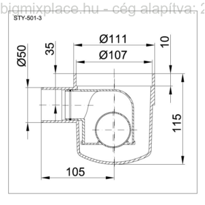 STYRON szuezszifon (padlószifon), egyágú, golyós bűzzárral, szerkezeti ábra (STY-501-3)