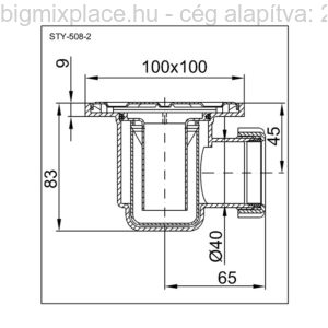 STYRON padlószifon (szuez), zuhanytálca szifon, 100x100mm rozsdamentes ráccsal, cső nélkül, szerkezeti ábra (STY-508-2)
