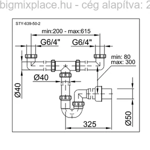 STYRON mosogató csőszifon, kétmedencés, leeresztő nélkül, 50mm-es elfolyással, szerkezeti ábra (STY-639-50-2)